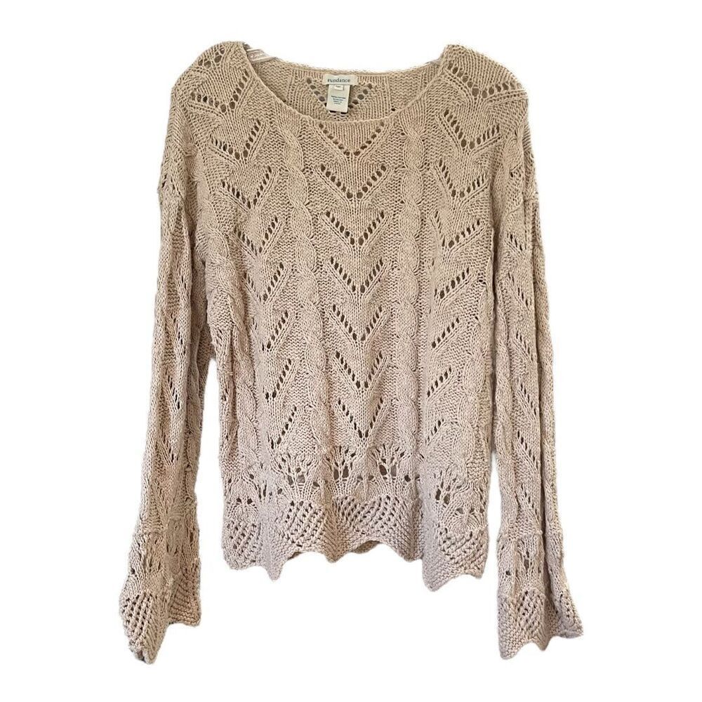 SUNDANCE Women's Open Knit Sweater Crocheted  Round Neck 100% Cotton Beige Mediu